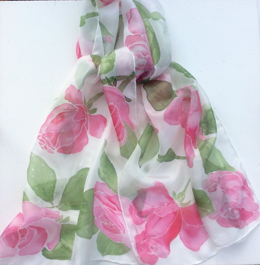 Pink Roses hand painted silk scarf