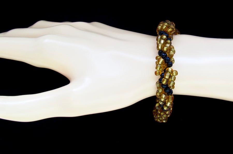 Chunky Bracelet: Gold & Black Large Seed Bead Spiral Weave Bracelet