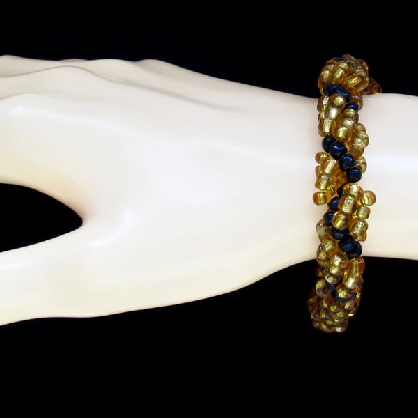 Chunky Bracelet: Gold & Black Large Seed Bead Spiral Weave Bracelet