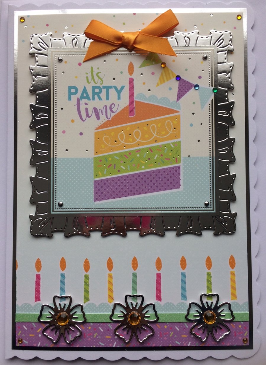Birthday Card It's Party Time Birthday Tier Cake Candles Bunting