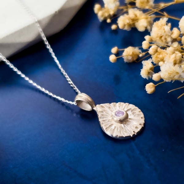 Recycled Silver Teardrop Pendant - Lilac Cubic Zirconia - Allium Flower Pattern