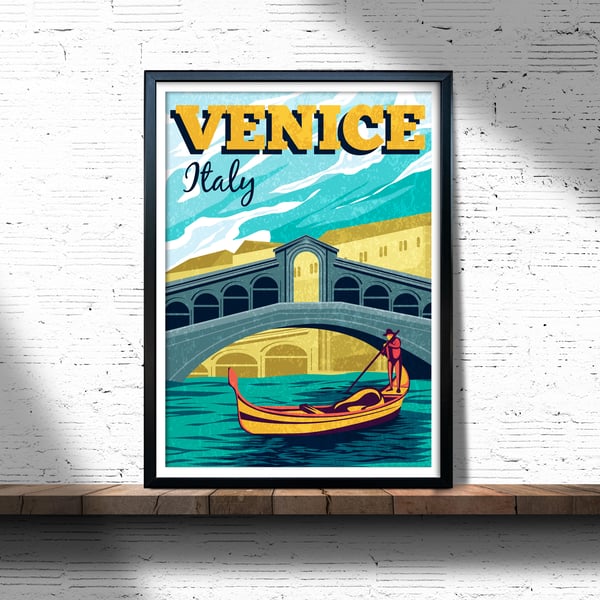 Venice retro travel poster, Venice city art print, Italy travel poster
