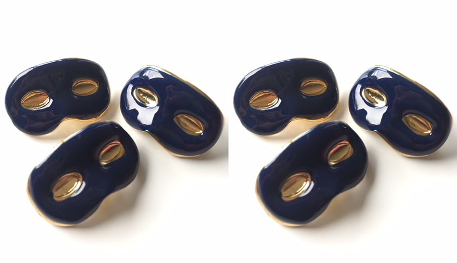 6 Masked Ball Buttons, Navy, 15mm Wide, Enamel Covered Metal, Italian Designer