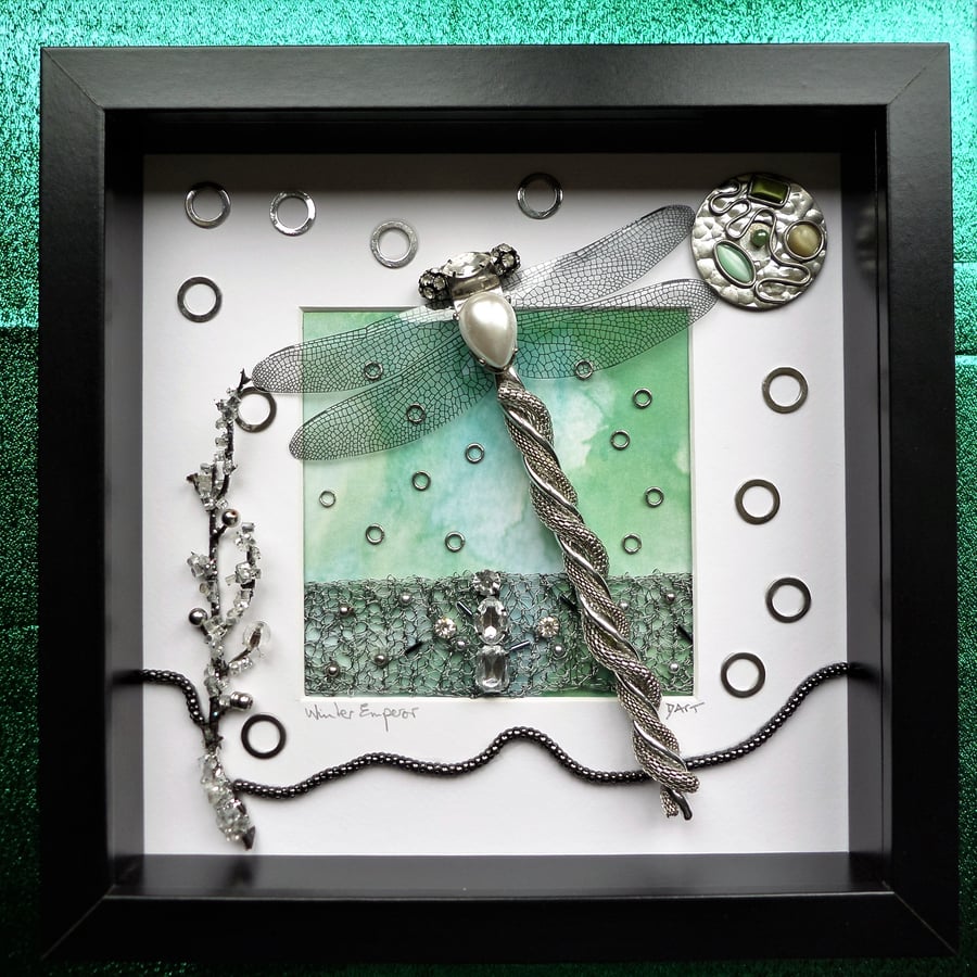 SALE Winter Emperor Beaded Dragonfly Box Frame Artwork