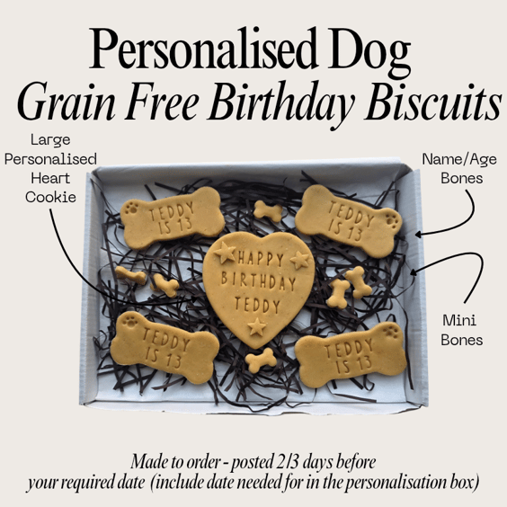 Personalised Dog Birthday biscuit treat box, Homemade grain free biscuits 