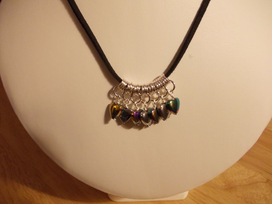 Silver and multicolour haematite heart charm necklace