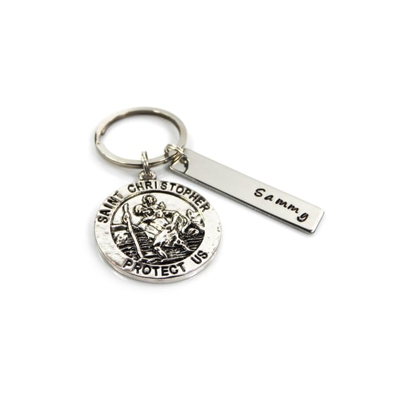 St Christopher Keyring with Personalised Name Tag - Gift Boxed - Free Delivery