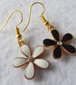 Pretty Black and White Enamel Flower Asymmetric Earrings, gold plated ear-wires - Image 5