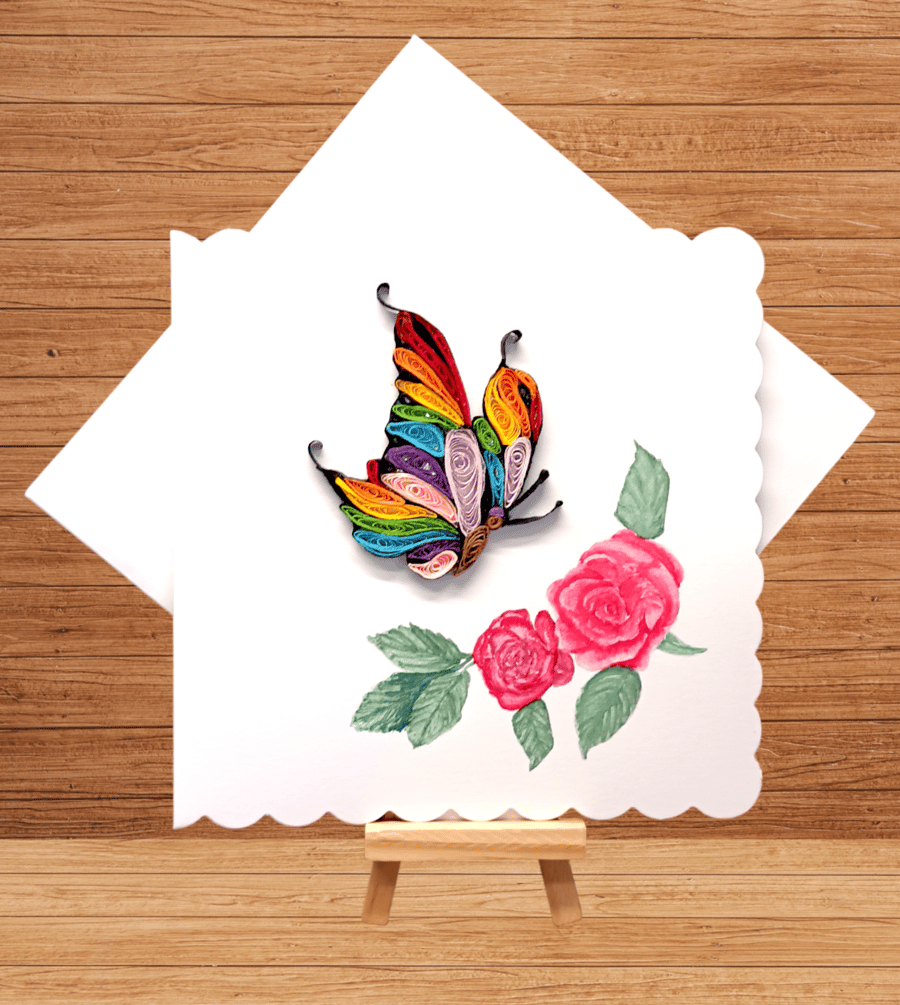 Delicate rainbow quilled fantasy butterfly card