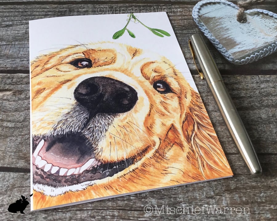 Retriever Christmas Card. Golden Retriever dog handmade Christmas card.