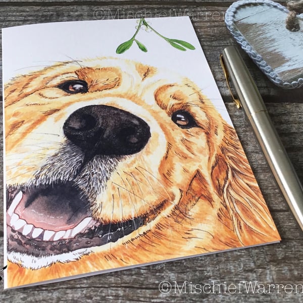 Retriever Christmas Card. Golden Retriever dog handmade Christmas card.