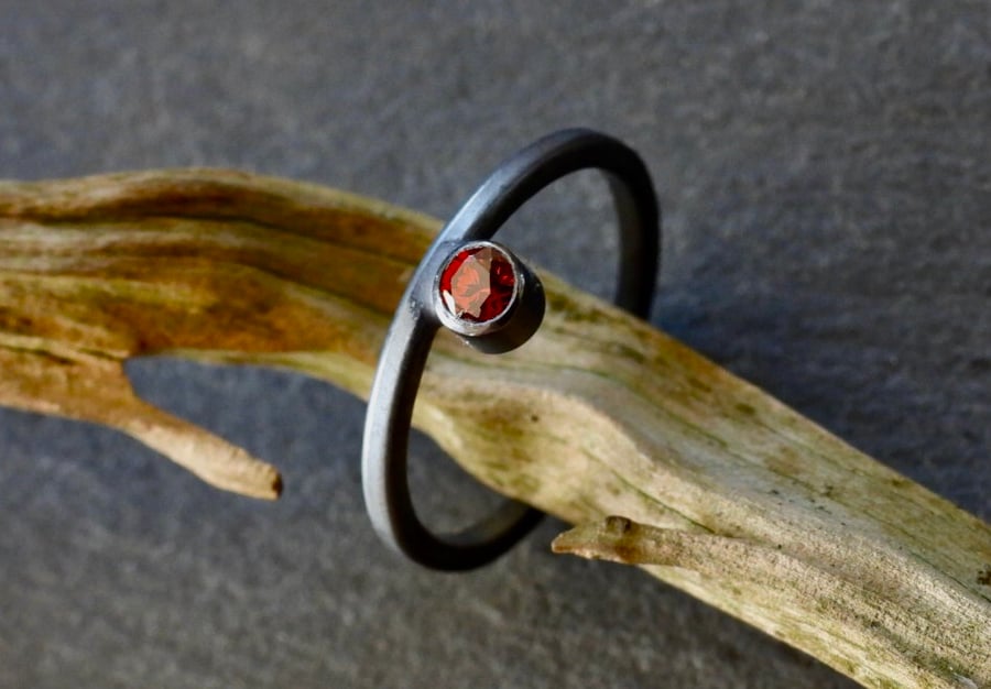 Ruby Red CZ, Black Oxidised Finish Ring.
