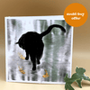 Blank '4 pack' of Greetings Cards. Black cat walking on ice with goldfish. 