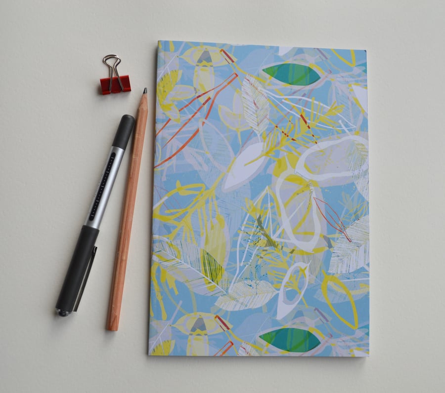 A5 notebook, Blue Leaf notebook, floral print notebook, stationary 