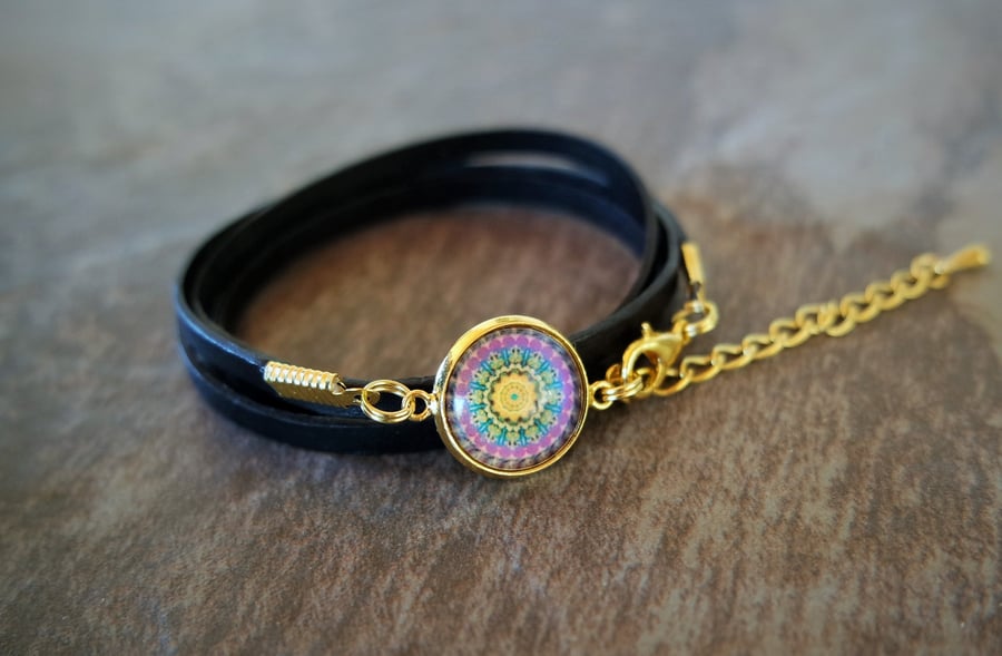Leather wrap bracelet - Mandala purple gold