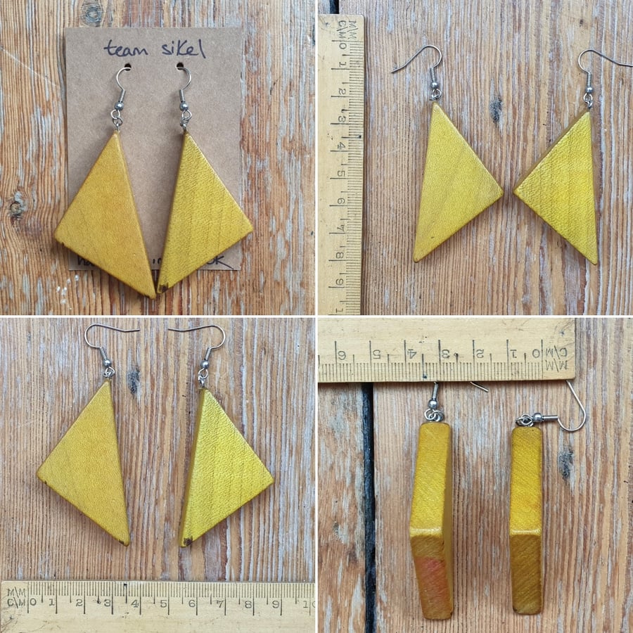 Thick Yellow Triangle Tangram Wooden Shape Earrings - Upcycled