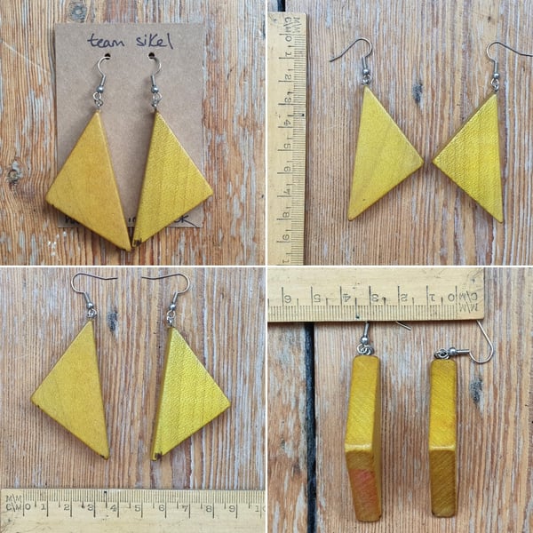 Thick Yellow Triangle Tangram Wooden Shape Earrings - Upcycled