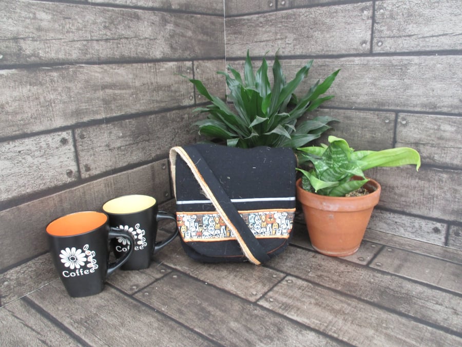 Image of Upcycled Coffee Sack - Mini Shoulder Bag - Black with dogs