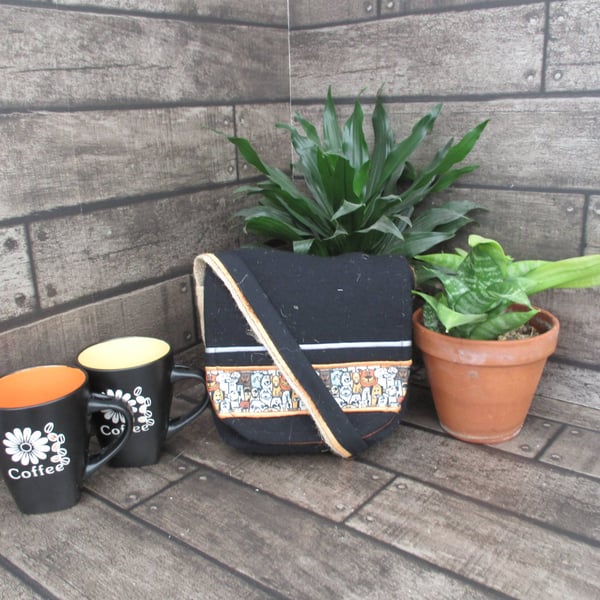 Upcycled Coffee Sack - Mini Shoulder Bag - Black with dogs