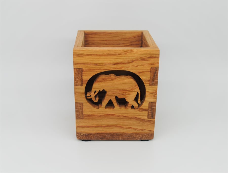 Oak Wood Pencil Stationary Box - Elephant