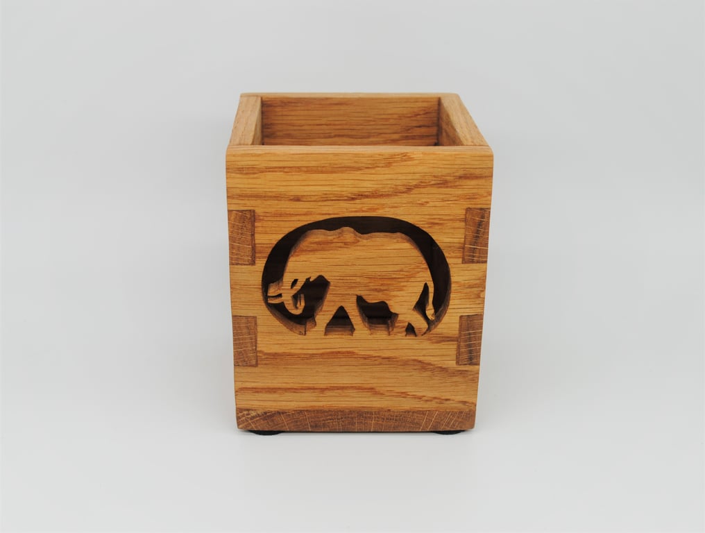 Oak Wood Pencil Stationary Box - Elephant