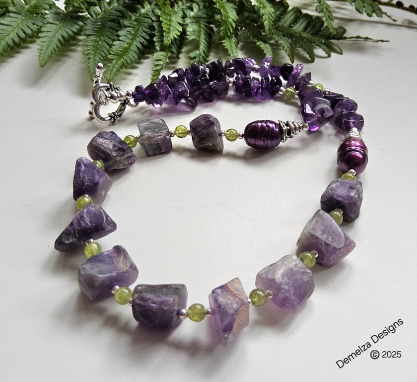 Chunky Raw Amethyst & Barogue Freshwater Culture Pearl Necklace