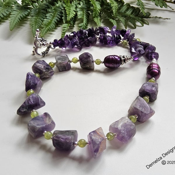 Chunky Raw Amethyst & Barogue Freshwater Culture Pearl Necklace
