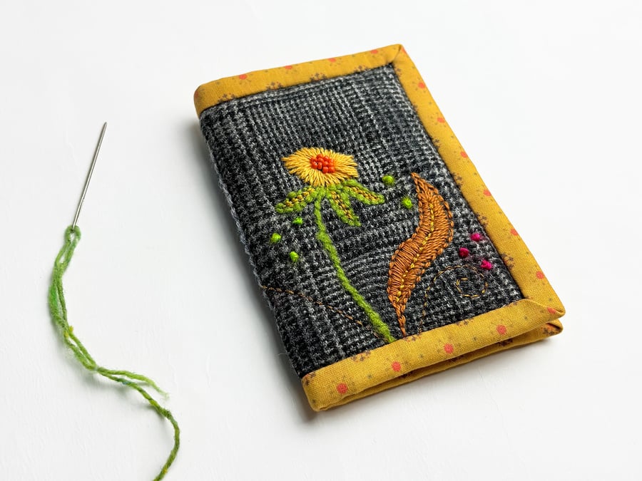 Grey check needle case with hand embroidered Susie design