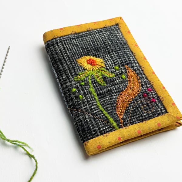 Grey check needle case with hand embroidered Susie design