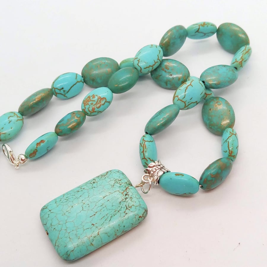 Turquoise Pendant on an Oval Turquoise Bead Necklace, Gift for Her