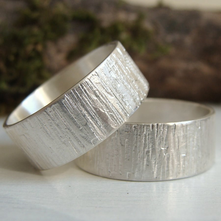 Sterling Silver Woodland Bark Texture Ring - Wide Silver Band - Hammered Ring