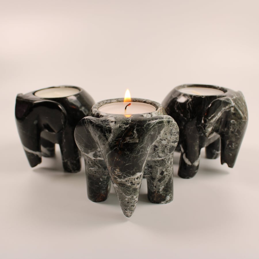 Black Zebra Onyx Marble Elephant Tea Light Holders Elephants Candle Holders Gift