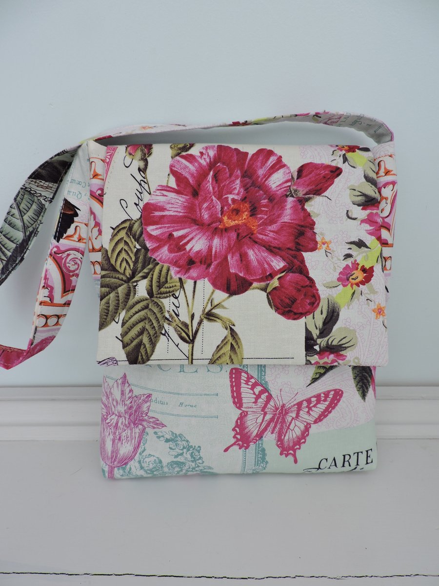 Messenger Handbag Floral Fabric  Roses and Butterflies