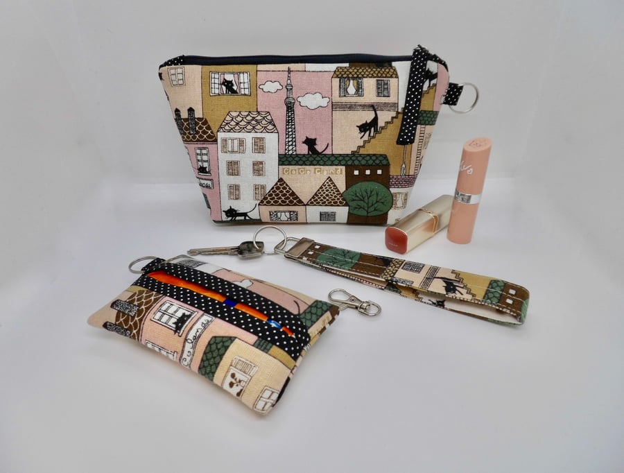 Black cat on the roof print fabric set of three matching accessories gift A