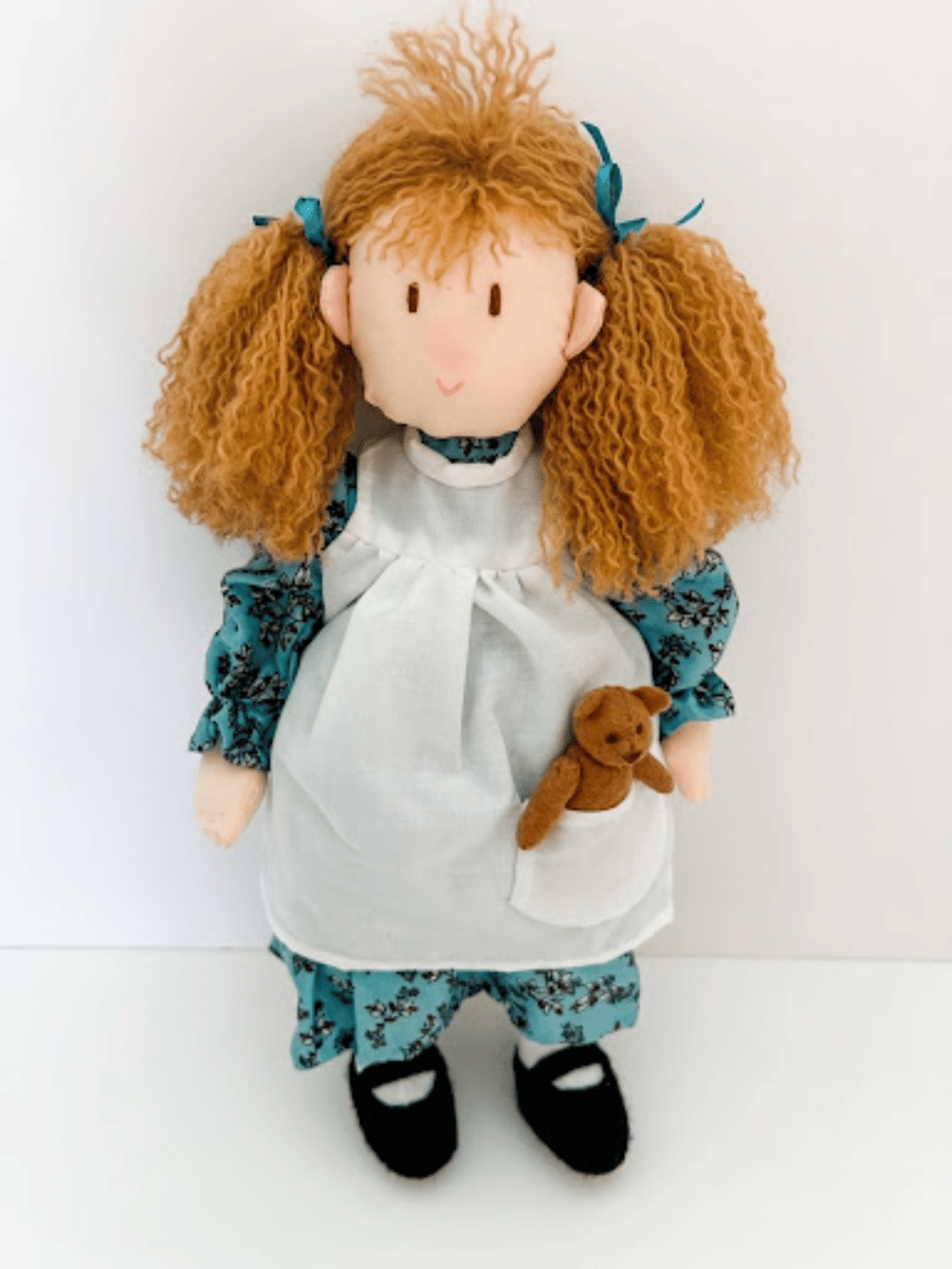 Emma 14 Inch Handmade Rag Doll with Teddy Bear Pocket Friend 