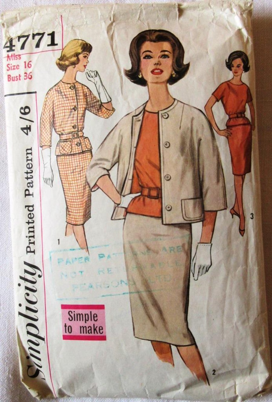 A vintage sewing pattern for a misses' skirt, blouse and jacket in size 16 