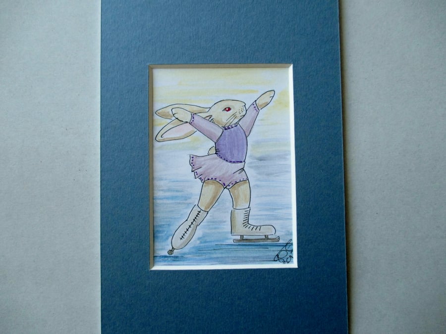 SALE Ice Skater Skating Bunny Rabbit Dancer Dancing ACEO original painting