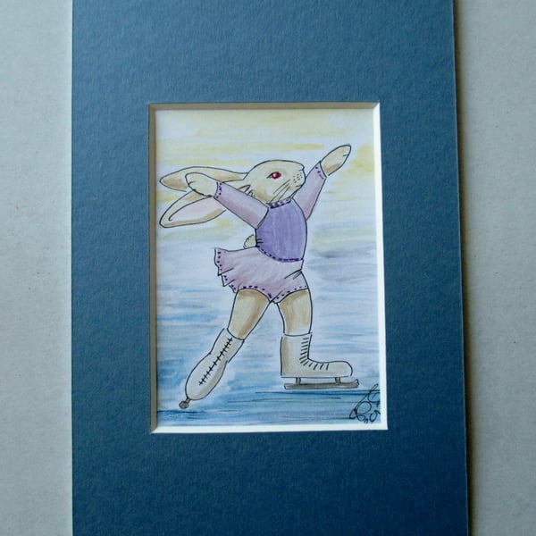 SALE Ice Skater Skating Bunny Rabbit Dancer Dancing ACEO original painting