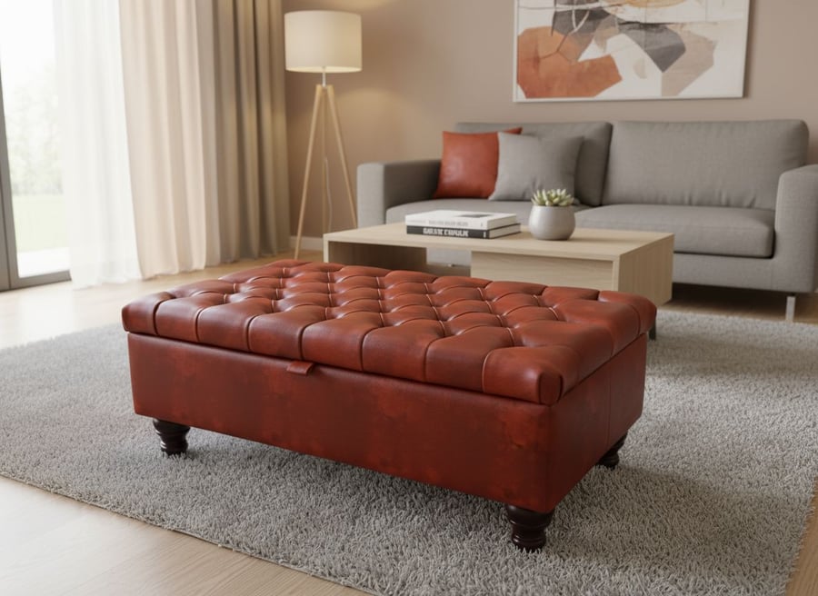 Chesterfield Storage Ottoman Deep Button Footstool Chestnut Faux Leather