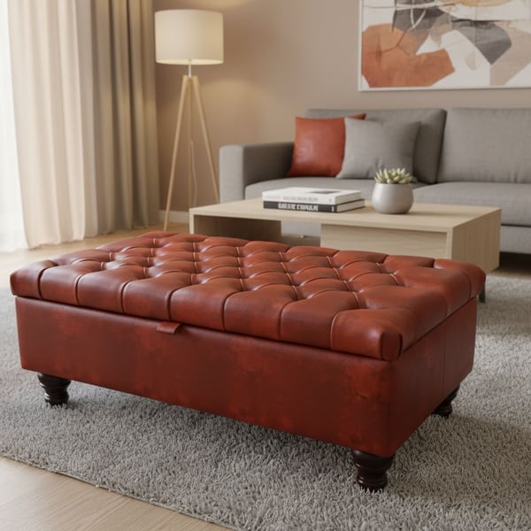 Chesterfield Storage Ottoman Deep Button Footstool Chestnut Faux Leather