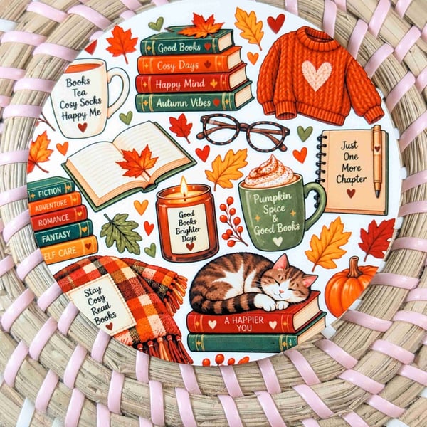 Cosy autumn reading inspired coaster, perfect cosy winter bookish gift