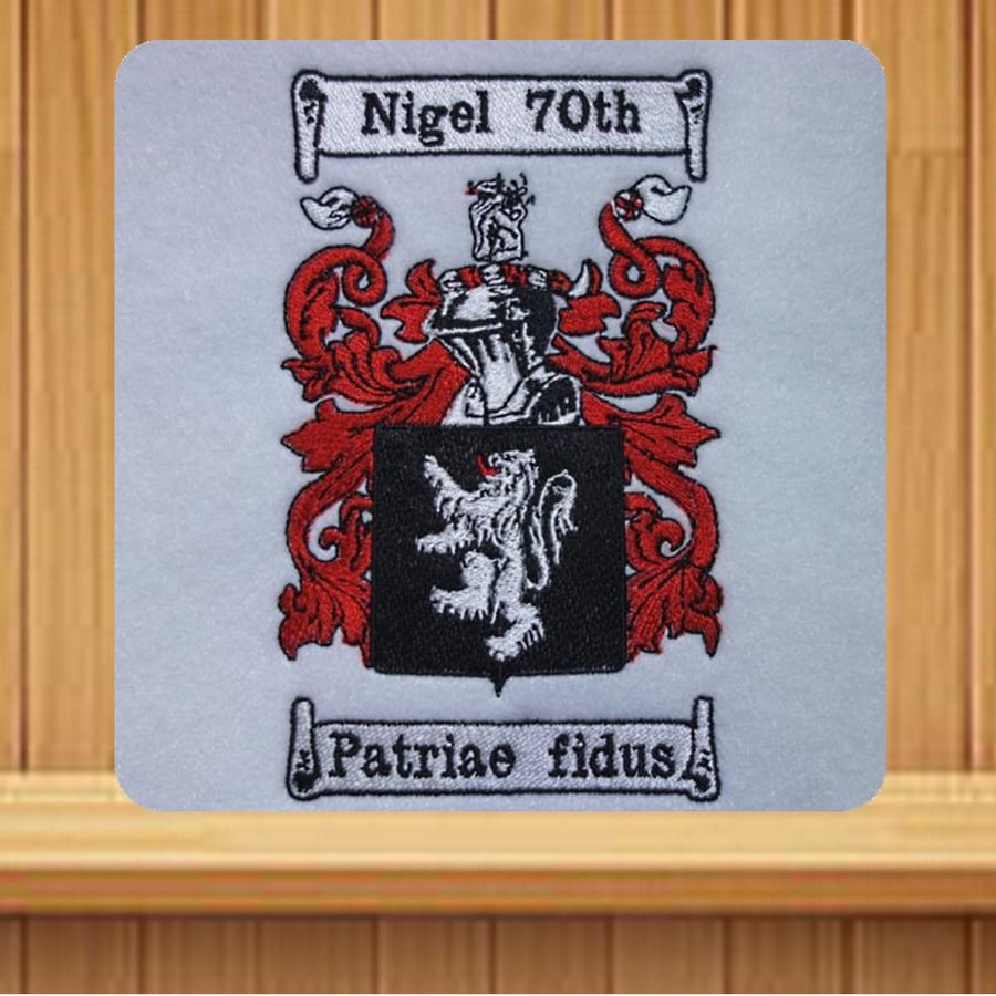 Handmade Coat of Arms greetings card (with option to personalise) embroidered 