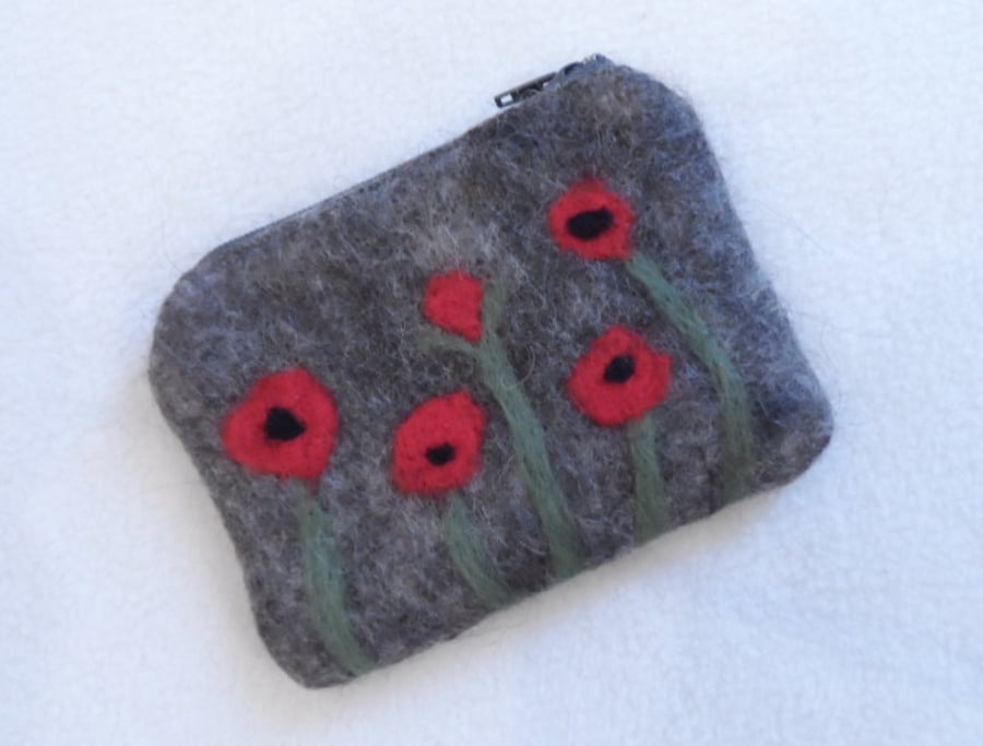 Coin Purse grey felted with poppy decoration - Custom order for RG