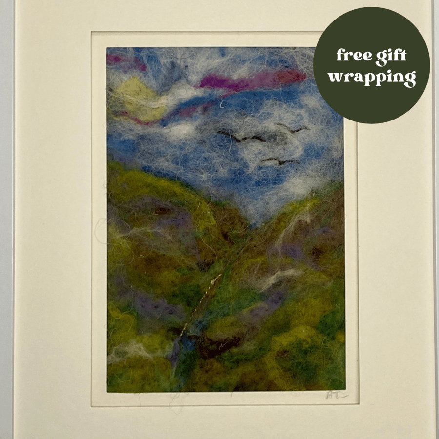 textile landscape of a Peak District gorge. signed wall art, framed free p&p