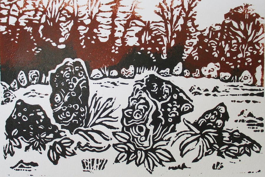 Rollright Stones, Cotswolds Original Linocut Print Hand Pressed Limited Edition