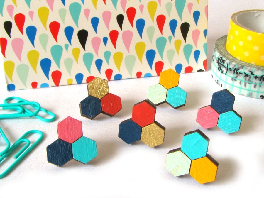 Hexagon Honeycomb Trio Wooden Stud Earrings
