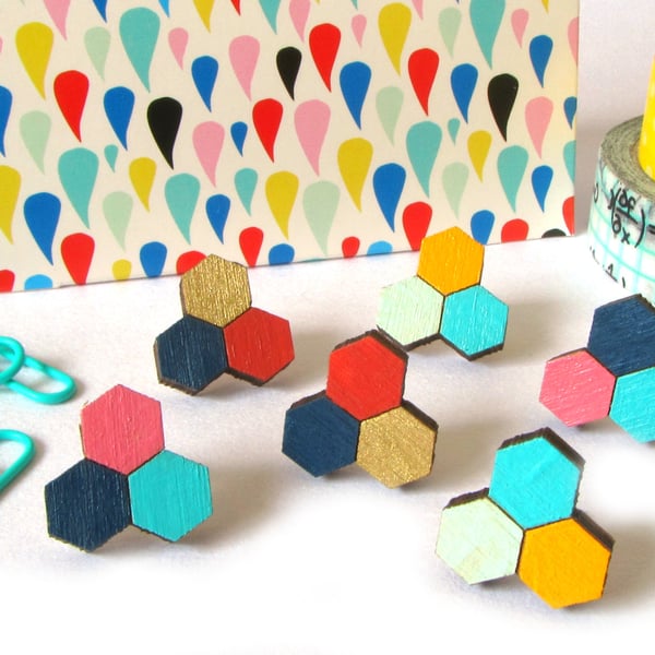Hexagon Honeycomb Trio Wooden Stud Earrings