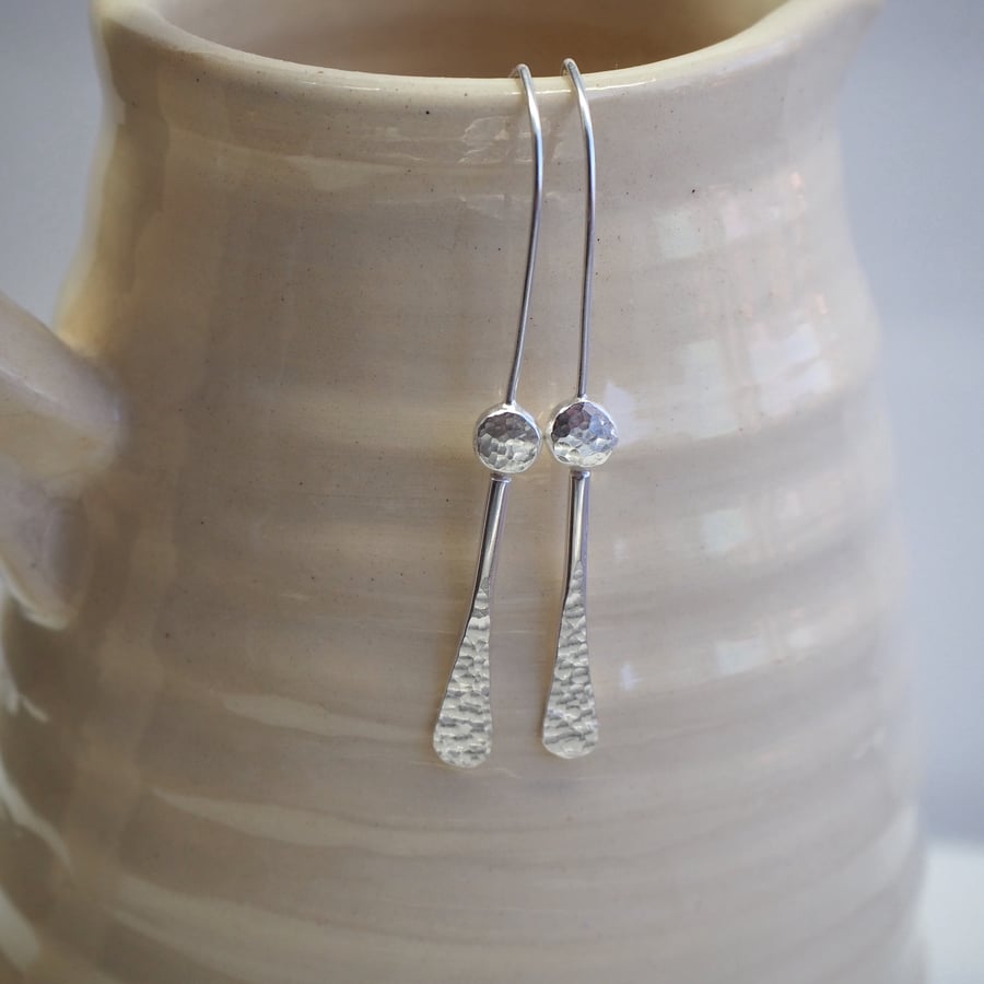 Argentium silver drop earrings, silver pebble, forged silver earrings