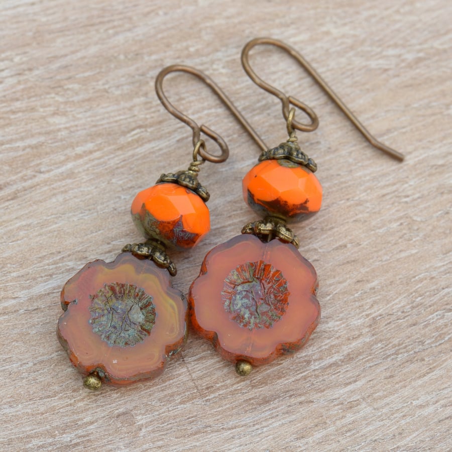 Handmade Orange Czech Flower & Bead Earrings