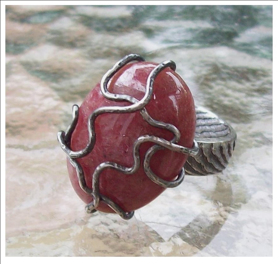 Rhodonite Statement Ring Bold Sterling Silver Ring size Y , Hallmarked